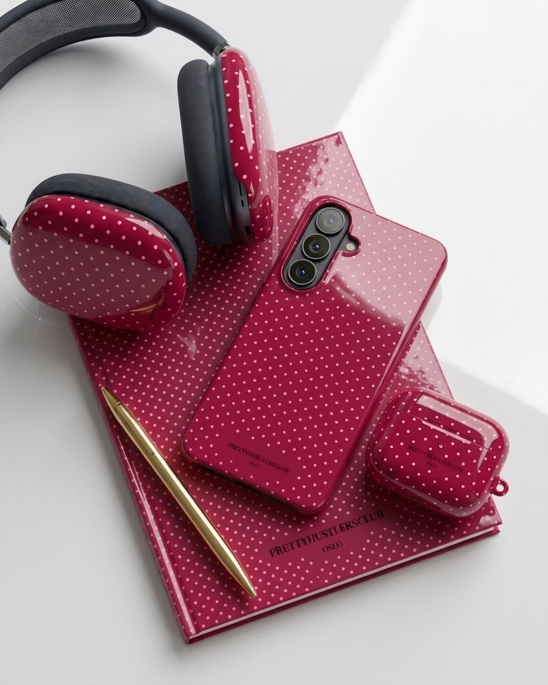 Burgundy with pink polka dots