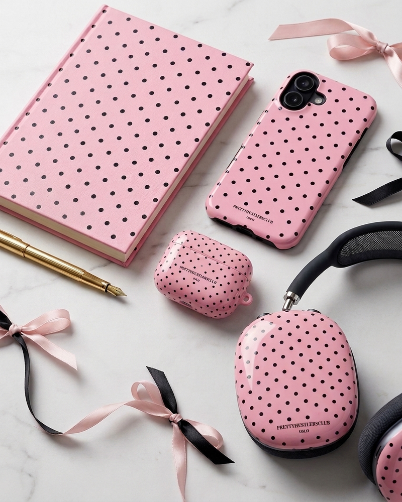 Pink with black polka dots