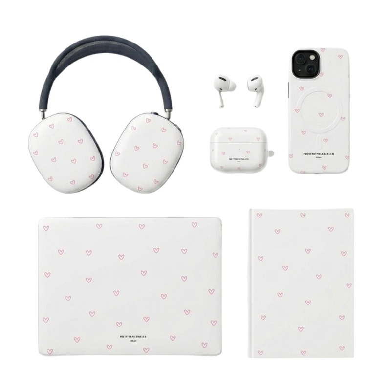 flatlay of pink tiny hearts pattern tech cases