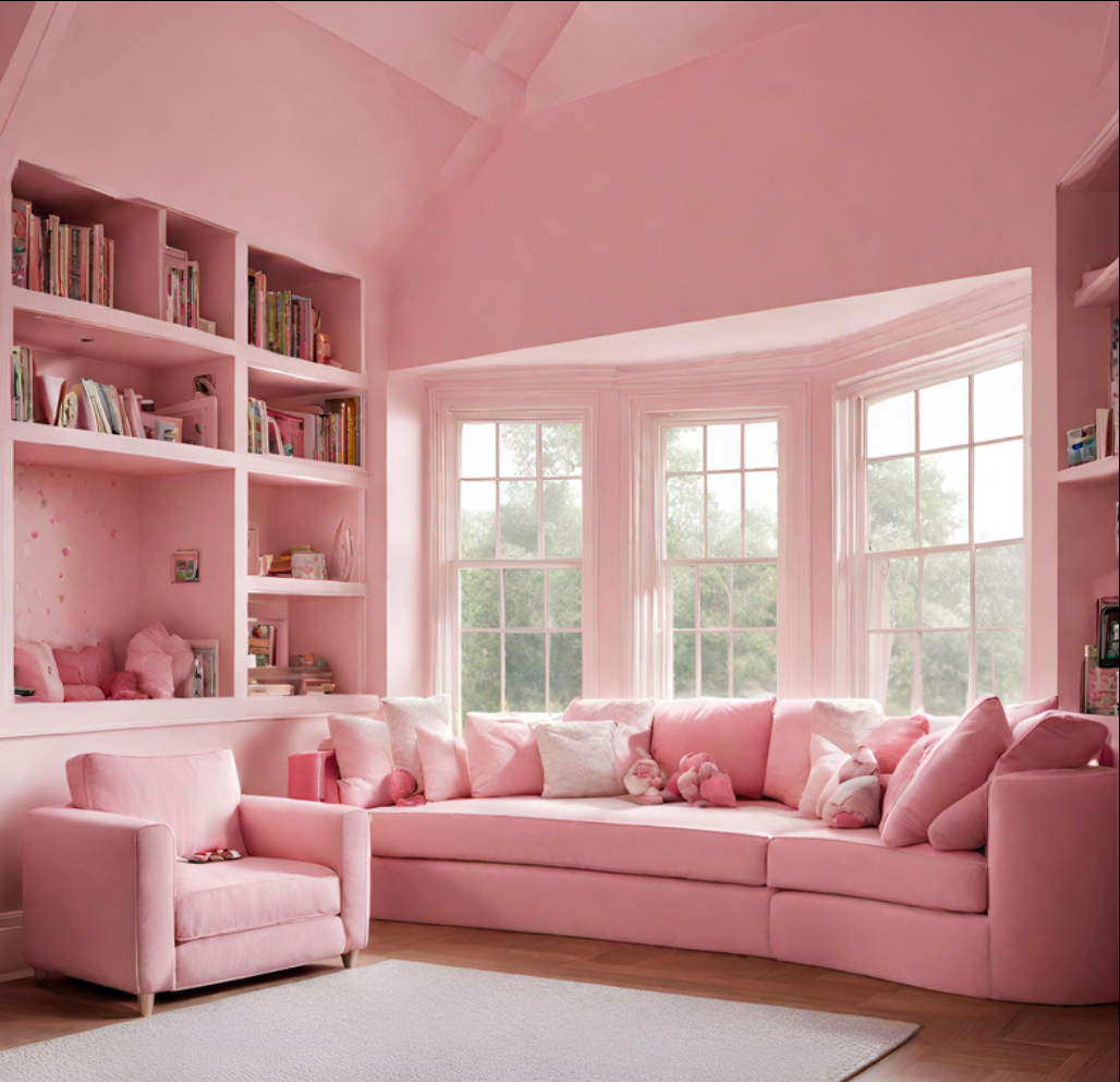 prettyhustlersclub. Bright windows, pink furniture and books.